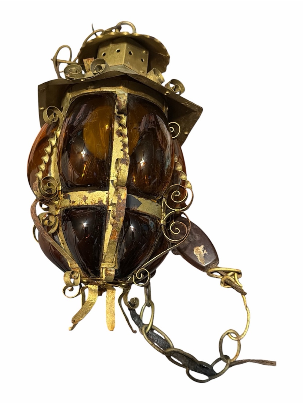 Vintage-Style Hanging Lantern in Blown Amber Glass Gold Tone by GE - Picture 3 of 9